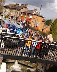 Busy canal scene outside Stoke Bruerne canal museum.